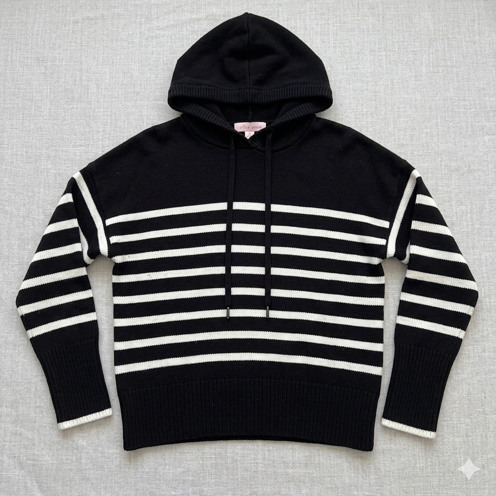 Philosophy Black Stripe  Knit Hooded Sweater Women Large #253